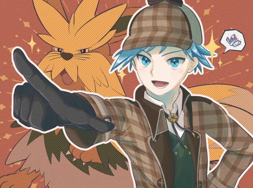 1boy :d alternate_color aqua_eyes aqua_hair black_gloves blush buttons collared_shirt commentary_request gloves green_vest hat jacket lower_teeth_only male_focus neck_ribbon official_alternate_costume open_clothes open_jacket open_mouth outline outstretched_arm pointing pokemon pokemon_(game) pokemon_masters_ex ribbon ryusa_(gjgd7445) shiny_pokemon shirt smile spoken_object steven_stone steven_stone_(special_costume) stoutland teeth tongue vest white_shirt