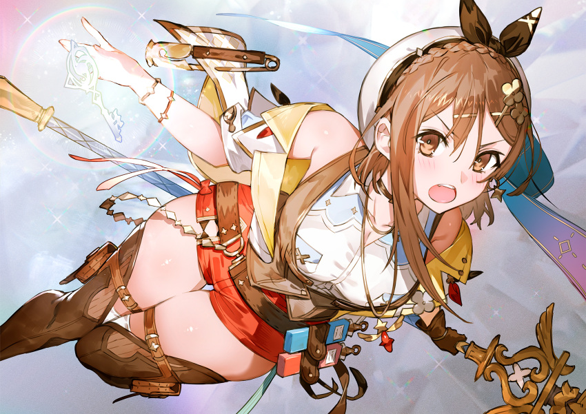1girl atelier_(series) atelier_ryza atelier_ryza_3 belt braid brown_eyes brown_footwear brown_gloves brown_hair choker clover_hair_ornament earrings flask gloves hair_ornament hairclip hat highres holding holding_staff jewelry key looking_at_viewer necklace official_art open_mouth photoshop_(medium) red_shorts reisalin_stout short_shorts shorts single_glove solo sparkle staff teeth thigh_gap thighs toridamono upper_teeth_only v-shaped_eyebrows vest