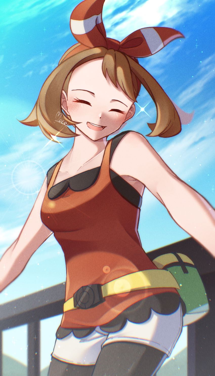 1girl :d bare_arms bike_shorts bike_shorts_under_shorts blurry blush bow_hairband breasts brown_hair closed_eyes clouds collarbone commentary_request day eyelashes from_below hairband highres may_(pokemon) mocacoffee_1001 open_mouth outdoors pokemon pokemon_(game) pokemon_oras shirt shorts signature sky sleeveless sleeveless_shirt smile solo sparkle white_shorts