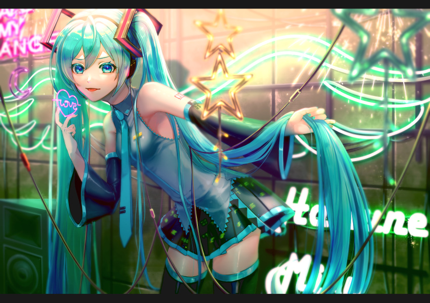 1girl absurdres aqua_eyes aqua_hair aqua_necktie black_footwear black_skirt blue_eyes boots character_name collared_shirt cyan916 detached_sleeves frilled_shirt frills hair_ornament hatsune_miku highres long_hair looking_at_viewer necktie neon_lights number_tattoo open_mouth pleated_skirt shirt skirt sleeveless sleeveless_shirt solo standing star_(symbol) tattoo thigh_boots twintails vocaloid zettai_ryouiki