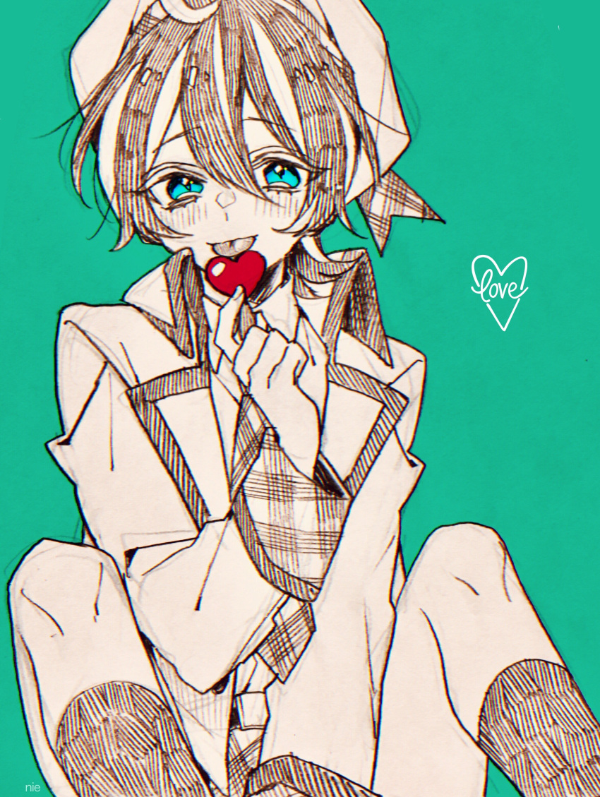 1boy absurdres ahoge aqua_background aqua_eyes blush character_request collared_shirt copyright_request greyscale_with_colored_background hat heart highres jacket looking_at_viewer male_focus multicolored_hair nie3nie3 shirt short_hair solo tongue tongue_out