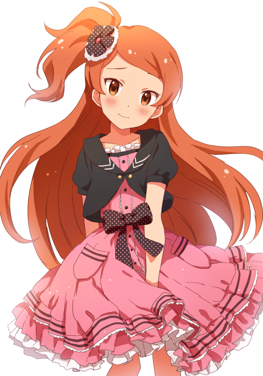 1girl absurdres arm_behind_back black_jacket black_ribbon blush brown_eyes buchi_(y0u0ri_) commentary cropped_jacket dot_nose dress frilled_dress frills hair_ornament highres idolmaster idolmaster_million_live! idolmaster_million_live!_theater_days jacket layered_dress long_hair looking_at_viewer ogami_tamaki one_side_up orange_hair pink_dress polka_dot ribbon shy simple_background solo standing white_background wince