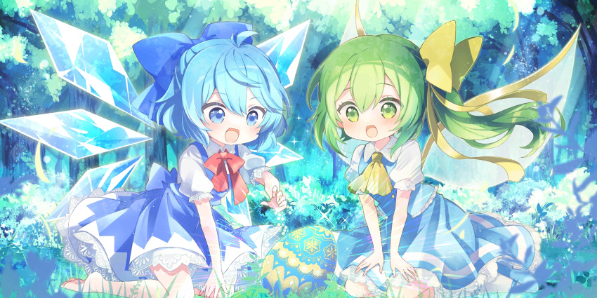 2girls :d aruya_(flosrota) ascot barefoot blue_bow blue_dress blue_eyes blue_hair blush bow bowtie cirno daiyousei detached_wings dress easter_egg egg fairy_wings floating_hair forest full_body grass green_eyes green_hair hair_bow highres ice ice_wings kneeling long_hair multiple_girls nature non-web_source official_art open_mouth outdoors puffy_short_sleeves puffy_sleeves red_bow red_bowtie second-party_source shirt short_hair short_sleeves side_ponytail smile touhou touhou_lost_word tree v_arms white_shirt wings yellow_ascot yellow_bow