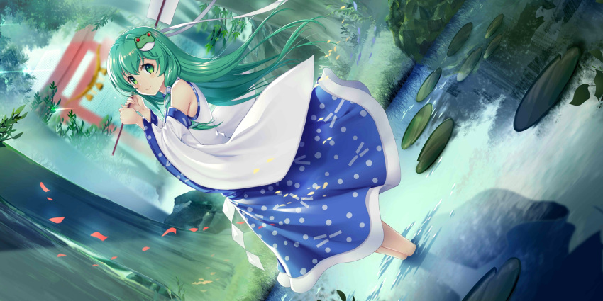 1girl bare_shoulders blue_skirt blush closed_mouth dutch_angle frog_hair_ornament gohei green_eyes grey_hair hair_ornament hair_tubes hands_up hataraki_kuma highres holding holding_gohei kochiya_sanae lily_pad long_hair looking_at_viewer looking_to_the_side non-web_source official_art outdoors reflection rope second-party_source shimenawa shirt skirt sleeveless sleeveless_shirt smile solo torii touhou touhou_lost_word tree wading water white_shirt white_sleeves wide_sleeves