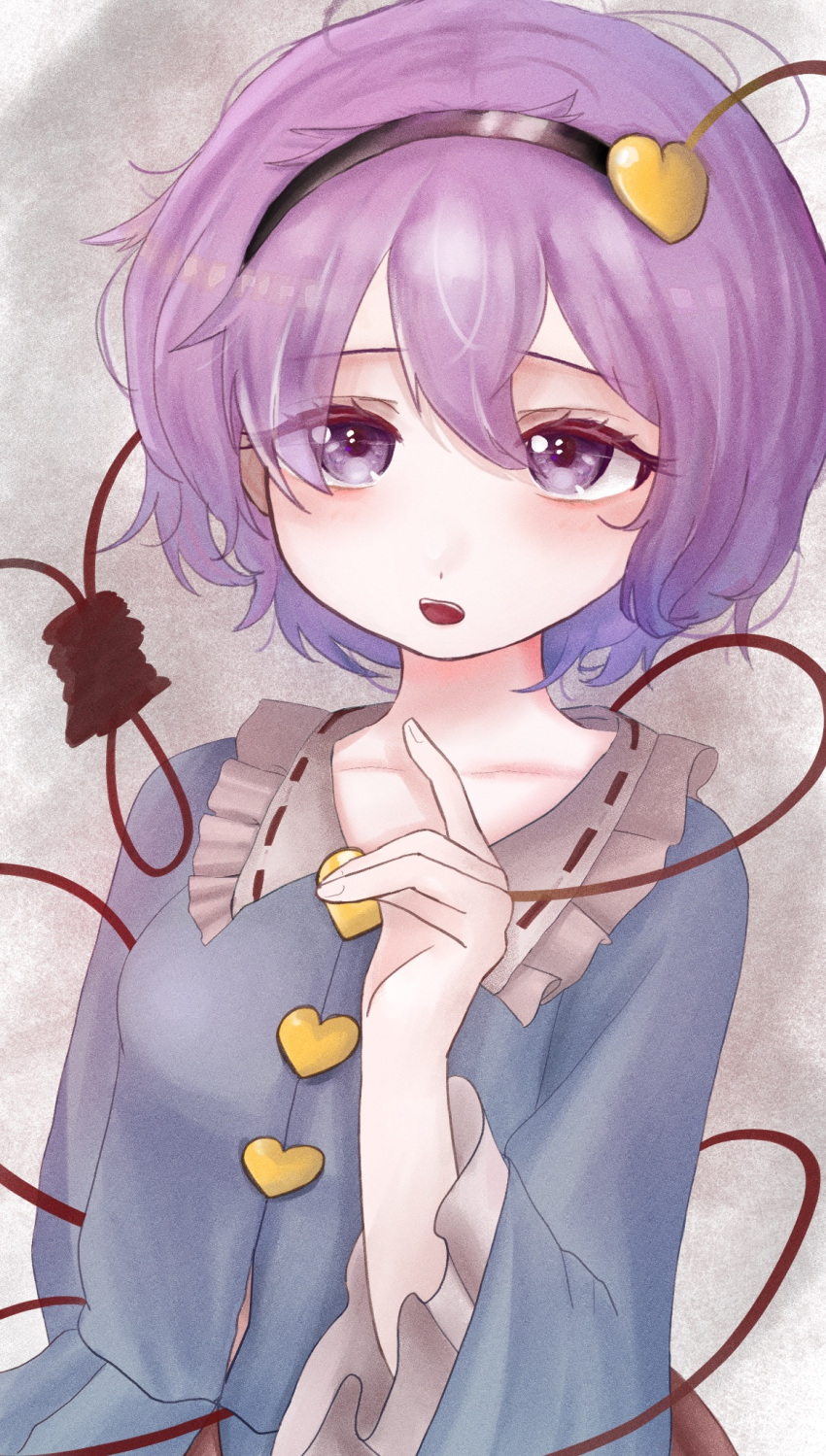 1girl black_hairband blouse blue_shirt buttons collarbone commentary darake_neko0 eyelashes fingernails frilled_shirt_collar frills hair_between_eyes hair_ornament hairband hand_up heart heart_button heart_hair_ornament highres komeiji_satori looking_at_viewer open_mouth purple_hair ribbon_trim shirt short_hair solo teeth touhou upper_body upper_teeth_only violet_eyes