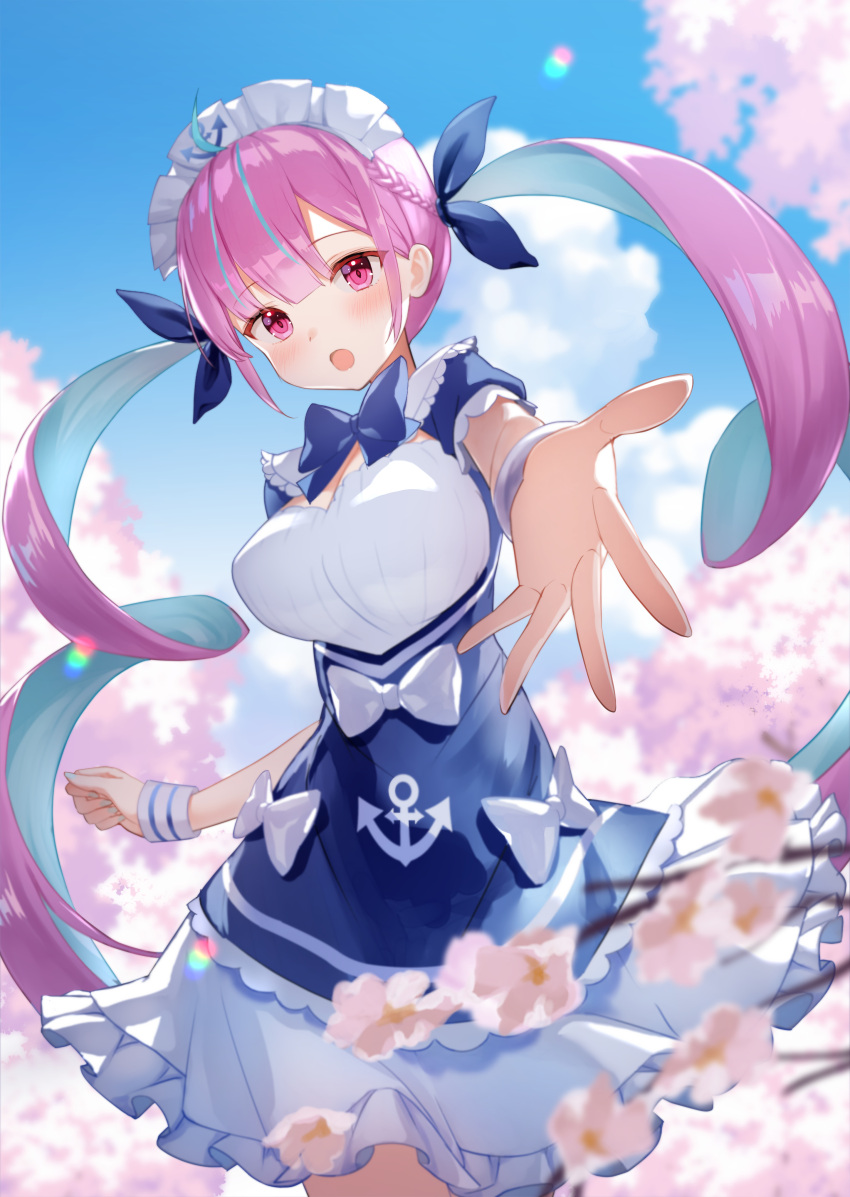 1girl absurdres anchor_symbol blue_bow blue_sky blurry blurry_background bow breasts cherry_blossoms clouds colored_inner_hair dress frilled_dress frills hair_bow highres hololive maid maid_headdress minato_aqua multicolored_hair open_mouth outstretched_hand purple_hair sky streaked_hair twintails two-tone_dress violet_eyes virtual_youtuber white_bow zen_(lemon_yellow)