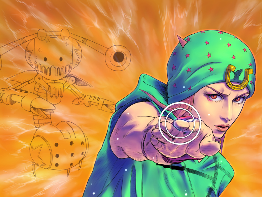 2boys concentric_circles foreshortening hat highres hood hoodie horseshoe_ornament johnny_joestar jojo_no_kimyou_na_bouken keiimajima02 lips male_focus multiple_boys outstretched_hand realistic red_eyes redhead sleeveless star_(symbol) steel_ball_run tusk_act2