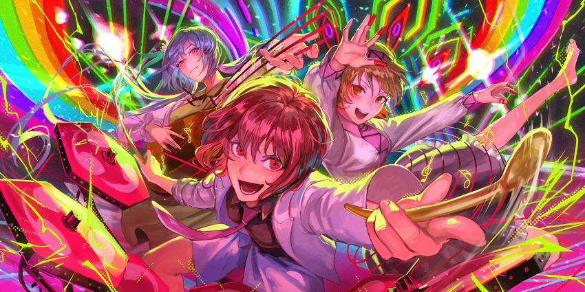 3girls :d black_shirt black_skirt brown_eyes brown_hair closed_mouth collared_shirt drum egawa_akira fingernails floating_hair flower hair_flower hair_ornament hairband highres holding holding_instrument horikawa_raiko instrument jacket long_hair long_sleeves looking_at_viewer lower_teeth_only multiple_girls music necktie non-web_source official_art open_clothes open_jacket open_mouth pink_eyes playing_instrument plectrum purple_hair purple_hairband red_eyes red_necktie redhead second-party_source shirt short_hair skirt smile teeth touhou touhou_lost_word tsukumo_benben tsukumo_yatsuhashi upper_teeth_only vest white_flower white_jacket white_shirt yellow_vest