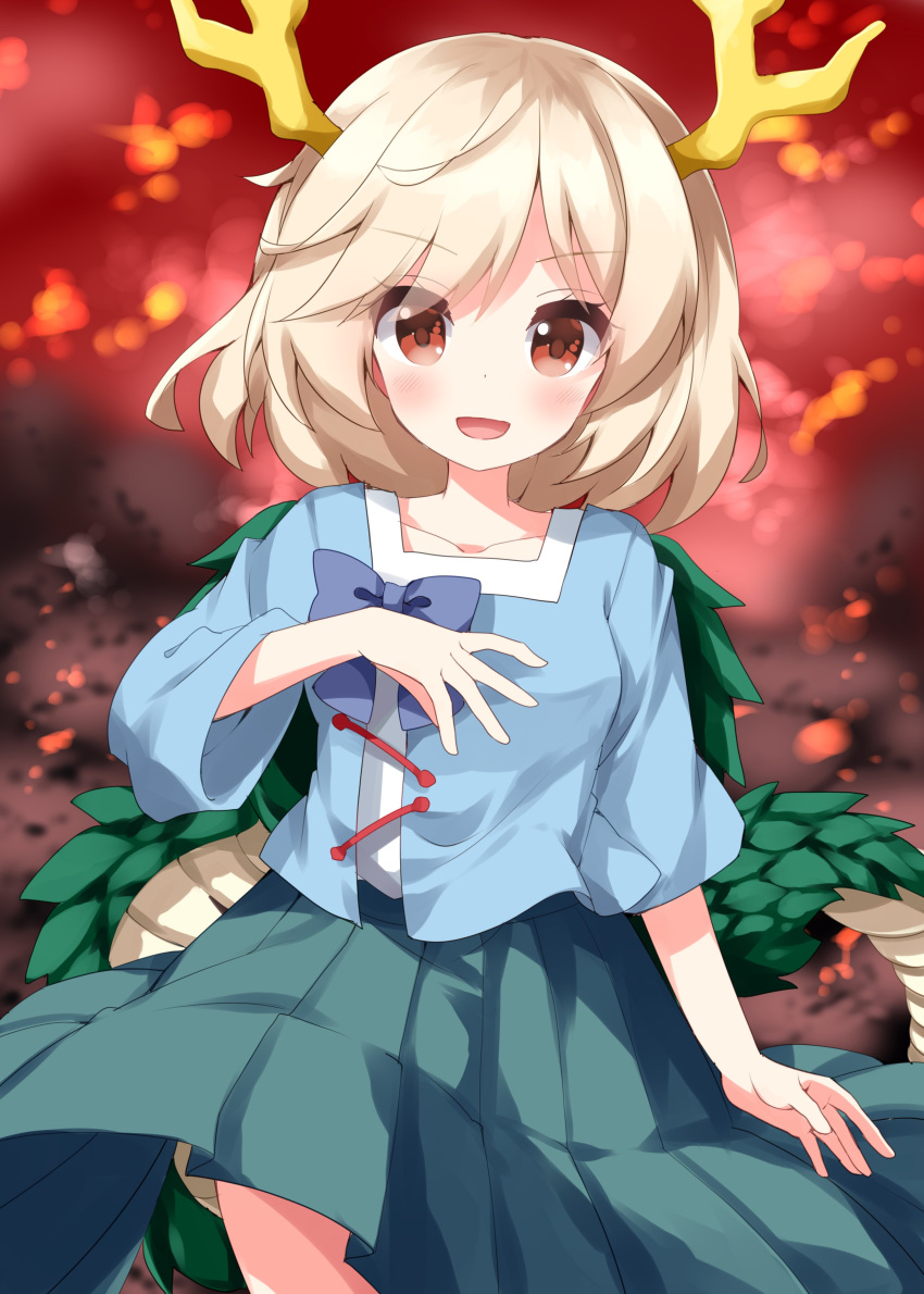 1girl absurdres antlers blonde_hair blue_bow blue_bowtie blue_shirt bow bowtie dragon_tail hell highres horns kicchou_yachie looking_at_viewer one-hour_drawing_challenge open_mouth pleated_skirt red_eyes ruu_(tksymkw) shirt short_hair skirt tail touhou
