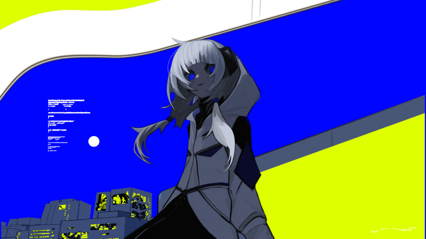1girl alternate_eye_color black_dress black_sclera blue_eyes blue_screen_of_death blunt_bangs building cevio city colored_sclera commentary_request diamond_hair_ornament dress floating_hair hair_over_shoulder high_collar highres hood hooded_jacket jacket kafu_(cevio) kamitsubaki_studio limited_palette long_sleeves looking_at_viewer looking_down low_twintails pale_skin red_pupils saniiiwan smirk solo twintails upper_body white_hair white_jacket