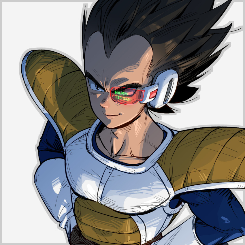 1boy black_eyes black_hair closed_mouth collarbone dragon_ball dragon_ball_z framed gloves highres looking_at_viewer male_focus saiyan_armor scouter simple_background smirk spiky_hair supobi vegeta white_background white_gloves