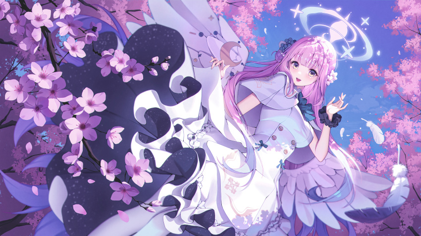 1girl angel_wings black_scrunchie blue_archive blue_sky blunt_bangs blush capelet cherry_blossoms day dress falling_petals feathered_wings flower hair_flower hair_ornament halo hanami highres lemonpear long_hair looking_at_viewer low_wings mika_(blue_archive) open_mouth outdoors pantyhose petals pink_hair scrunchie sky solo teeth upper_teeth_only white_capelet white_dress white_pantyhose white_wings wings wrist_scrunchie yellow_eyes