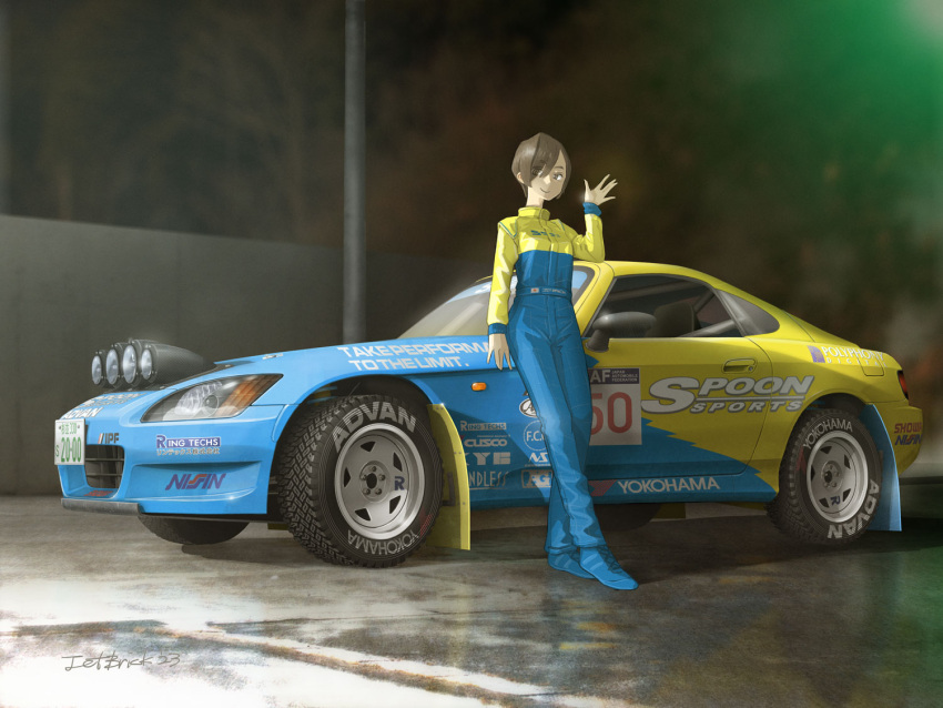 1girl blue_bodysuit bodysuit brown_eyes brown_hair car closed_mouth ground_vehicle hand_up honda honda_s2000 jettoburikku license_plate motor_vehicle multicolored_bodysuit multicolored_clothes night original outdoors race_vehicle racecar rally_car short_hair smile solo sponsor standing vehicle_focus yellow_bodysuit