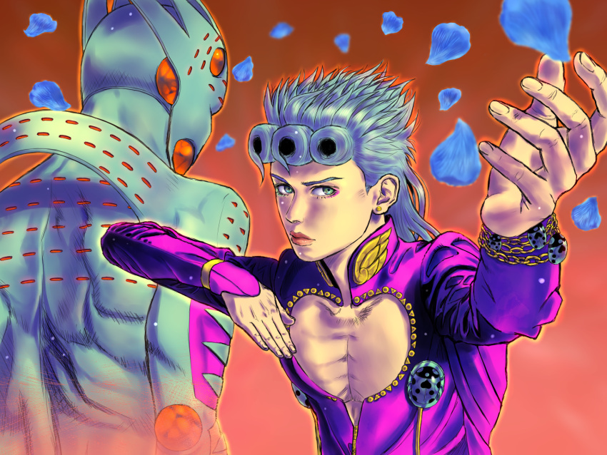 2boys cleavage_cutout clothing_cutout giorno_giovanna gold_experience_requiem green_eyes green_hair hair_down highres jojo_no_kimyou_na_bouken keiimajima02 ladybug_ornament long_hair male_focus multiple_boys outstretched_arm petals realistic stand_(jojo) vento_aureo wing_ornament