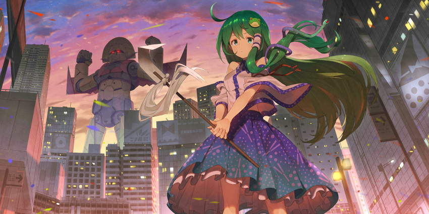 1girl ahoge blue_skirt building city clouds detached_sleeves dusk floating_hair frog_hair_ornament gohei green_eyes green_hair hair_ornament hair_tubes highres hisou_tensoku holding holding_gohei kochiya_sanae lamppost long_hair looking_at_viewer mecha non-web_source official_art outdoors red_ribbon ribbon robot second-party_source shirt single_sidelock skirt sky skyscraper sleeveless sleeveless_shirt snake snake_hair_ornament tomioka_jirou touhou touhou_lost_word very_long_hair white_shirt white_sleeves wide_sleeves