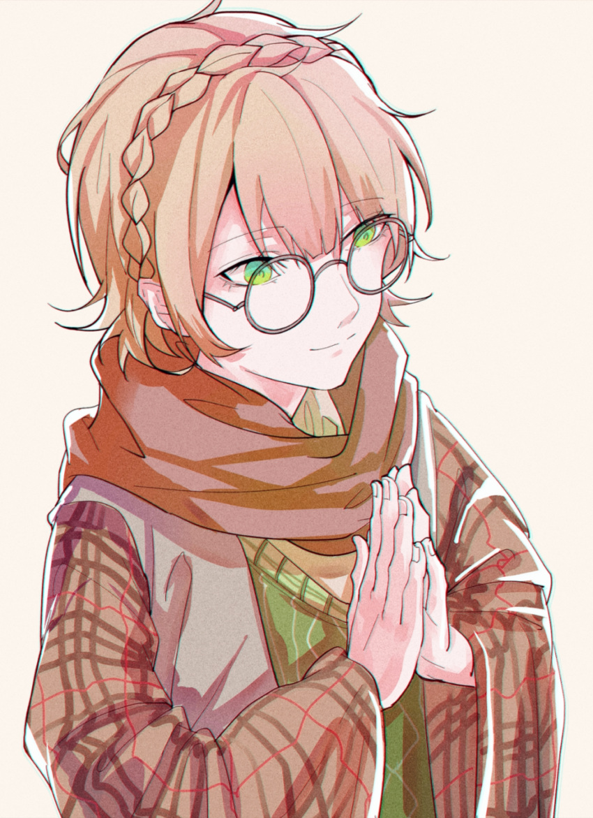 1boy androgynous blonde_hair brown_jacket brown_scarf closed_mouth glasses green_eyes green_vest highres jacket long_sleeves makino_chisato male_focus ookami_game_(studio_wasabi) own_hands_together plaid_sleeves scarf shimotsuki_yukinari short_hair smile solo vest white_background