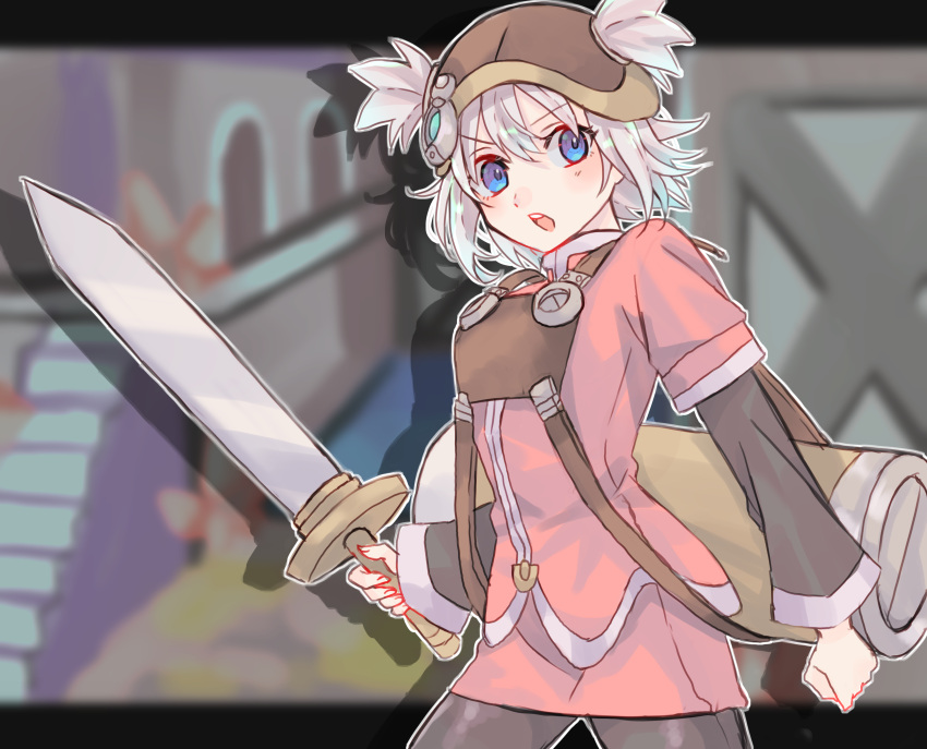 1girl 69871 absurdres blue_eyes blush brown_headwear hat highres holding holding_sword holding_weapon jacket long_sleeves looking_at_viewer pratty red_jacket red_skirt skirt solo summon_night summon_night_swordcraft_story sword two_side_up weapon white_hair