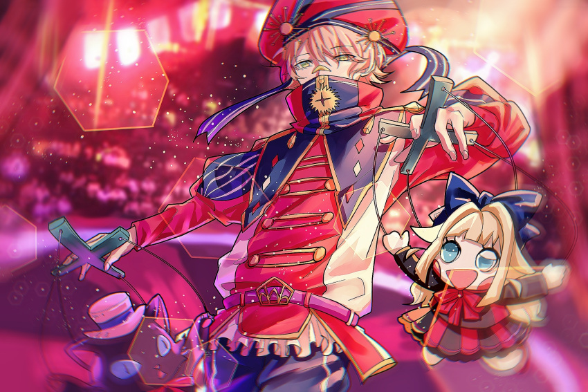 audience bandaid bandaid_on_face bandaid_on_nose belt blonde_hair doll green_eyes highres jacket long_sleeves looking_at_viewer makino_chisato multicolored_clothes multicolored_jacket ookami_game_(studio_wasabi) puppet puppet_strings purple_belt red_background red_headwear red_jacket shimotsuki_yukinari short_hair white_jacket wolf_(ookami_game)