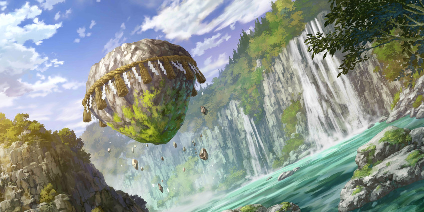 cliff clouds day floating_island forest highres kosian lake moss nature no_humans non-web_source official_art rock rope scenery second-party_source shimenawa sky touhou touhou_lost_word water waterfall