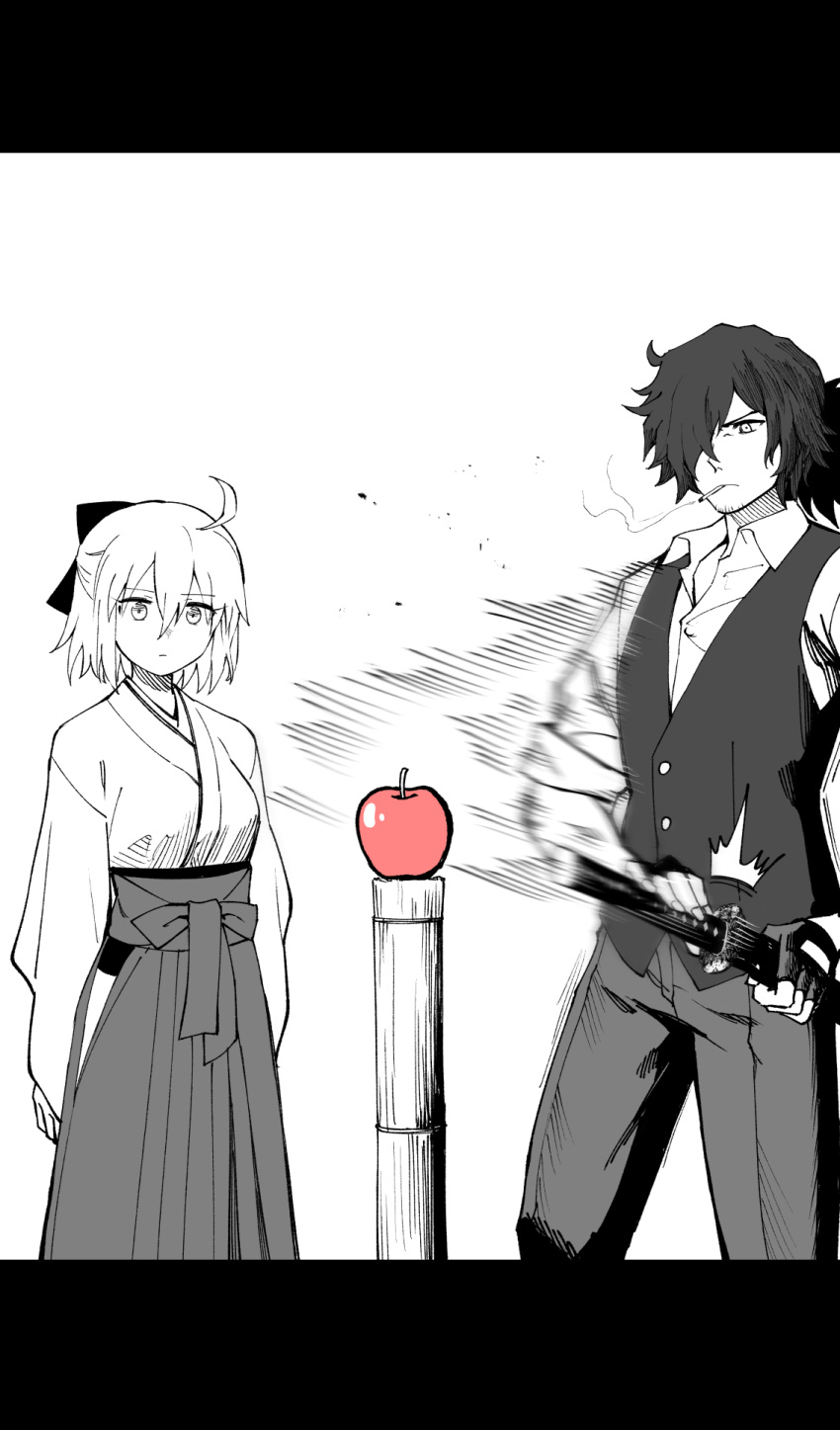 1boy 1girl ahoge apple bow cigarette closed_mouth collared_shirt expressionless fate/grand_order fate_(series) food fruit hair_bow hair_over_one_eye highres hirunagi japanese_clothes katana long_hair long_sleeves okada_izou_(fate) okita_souji_(fate) pants ponytail sheath sheathed shirt short_hair smoke smoking spot_color sword vest weapon