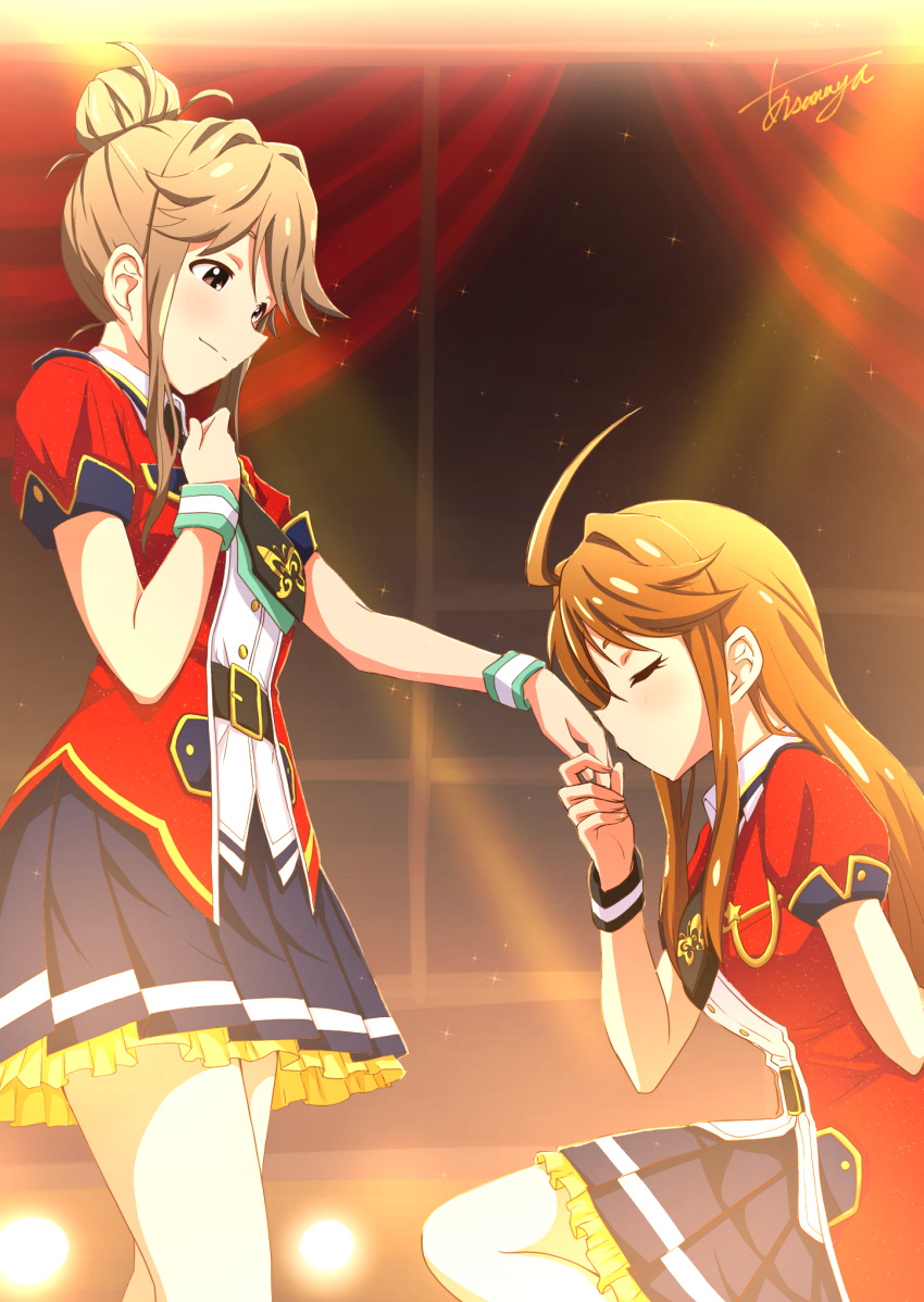 2girls ahoge arm_behind_back artist_name asanaya belt black_belt black_necktie blurry blurry_background blush brown_eyes brown_hair closed_mouth dress hair_bun highres holding_hands idolmaster idolmaster_million_live! idolmaster_million_live!_theater_days jacket kiss kissing_hand kneeling long_hair multiple_girls necktie pleated_skirt red_jacket shirt short_sleeves sidelocks single_hair_bun skirt smile spotlight stage stage_curtains stage_lights standing swept_bangs tenkubashi_tomoka tokoro_megumi white_shirt wristband yuri