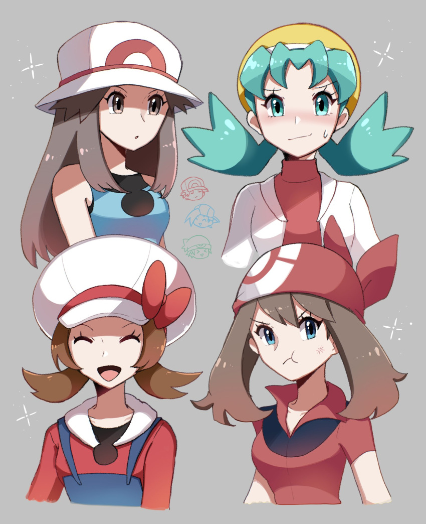 4girls bandana blue_eyes blue_overalls blue_shirt brown_eyes brown_hair cabbie_hat closed_mouth eyelashes green_eyes green_hair grey_background hat highres jacket kris_(pokemon) leaf_(pokemon) long_hair long_sleeves lyra_(pokemon) may_(pokemon) multiple_girls open_mouth overalls parted_lips poke_ball_print pokemon pout red_headwear red_shirt shirt short_sleeves sleeveless sleeveless_shirt smile sweatdrop touyarokii twintails white_headwear white_jacket yellow_headwear