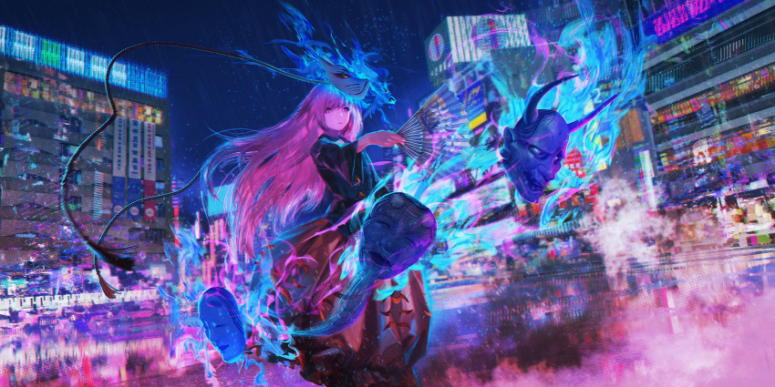 1girl aura blue_shirt bubble_skirt building cityscape closed_mouth expressionless floating_hair fox_mask hand_fan hand_up hata_no_kokoro highres holding holding_fan long_hair long_sleeves mask neon_palette night night_sky noh_mask non-web_source official_art oni_mask orange_skirt pink_eyes pink_hair plaid plaid_shirt second-party_source shirt skirt sky solo star_(sky) starry_sky tassel tomono_rui touhou touhou_lost_word