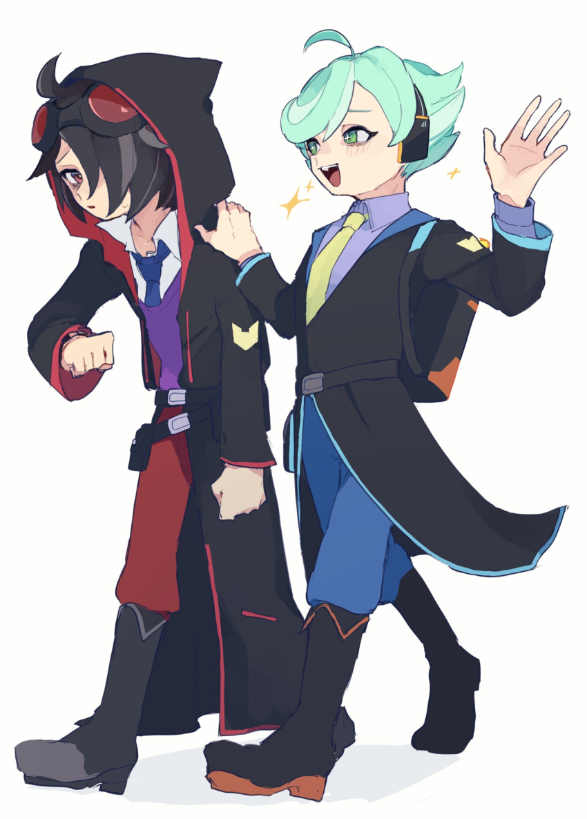 +_+ 2boys :d ahoge arm_up backpack bag belt belt_pouch black_coat black_hair blue_hair blue_necktie boots coat collared_shirt colored_shoe_soles full_body goggles goggles_on_head green_eyes grey_hair hachi_(puyopuyo) hair_over_one_eye hand_on_another's_shoulder headphones highres hood hood_up hooded_coat long_sleeves male_focus multicolored_hair multiple_boys necktie open_mouth pouch purple_shirt puyopuyo puyopuyo_quest red_eyes shirt simple_background smile sparkle sweater_vest two-tone_hair urolo walking white_background yellow_necktie zero_(puyopuyo)