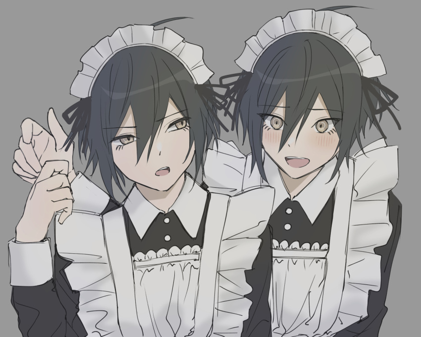 2boys :d ahoge alternate_costume annoyed apron black_dress black_ribbon blush brown_eyes collared_dress danganronpa_(series) danganronpa_v3:_killing_harmony dress dual_persona enmaided grey_background hair_ribbon hand_on_another's_shoulder hand_up highres looking_at_another maid maid_apron maid_headdress male_focus multiple_boys ribbon saihara_shuuichi simple_background smile teeth upper_teeth_only yu_sha_rei