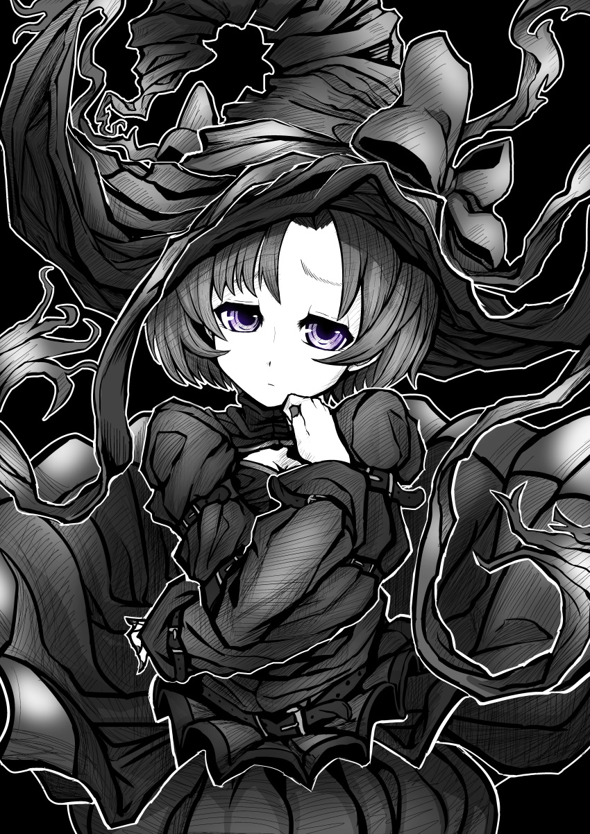 1girl absurdres belt black_background cleavage_cutout clothing_cutout commentary_request dress expressionless halloween hat hat_ribbon highres idolmaster idolmaster_cinderella_girls large_hat long_sleeves looking_at_viewer monochrome multiple_belts nazo_no_diaboro ribbon shiragiku_hotaru short_hair simple_background solo spot_color upper_body violet_eyes witch_hat
