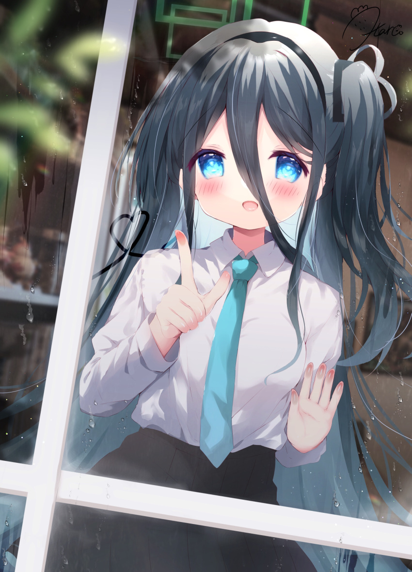 1girl :d aris_(blue_archive) black_hair black_hairband black_skirt blue_archive blue_eyes blue_necktie blush collared_shirt commentary_request glass_writing hair_between_eyes hairband haru_ichigo heart highres long_hair long_sleeves looking_at_viewer necktie one_side_up pleated_skirt rain shirt signature skirt smile solo very_long_hair white_shirt