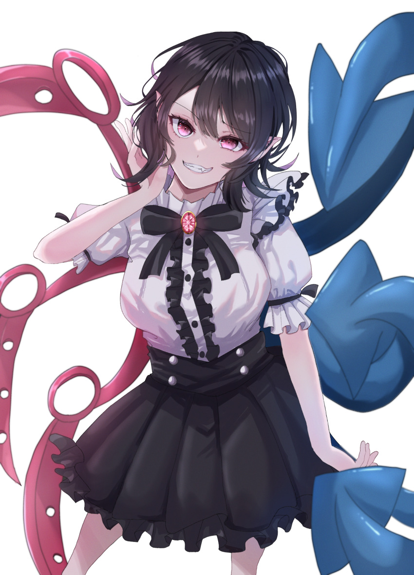 1girl alternate_costume asymmetrical_wings black_hair bow bowtie breasts center_frills contrapposto erisauria frills grin hand_up highres houjuu_nue legs_apart light_blush looking_at_viewer medium_hair pink_eyes short_sleeves simple_background skirt smile solo teeth touhou uneven_eyes white_background wings
