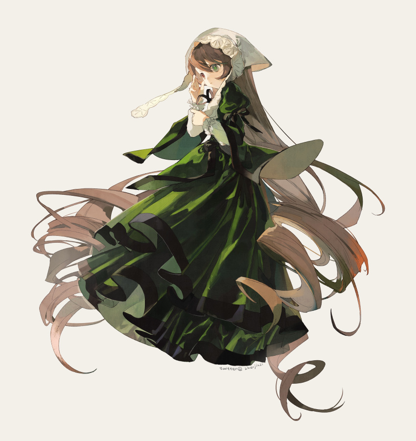 1girl absurdly_long_hair absurdres black_ribbon brown_hair commentary_request dress drill_hair expressionless full_body green_dress green_eyes grey_background head_scarf heterochromia highres lace lolita_fashion long_dress long_hair long_sleeves looking_afar neck_ribbon open_mouth red_eyes ribbon rozen_maiden simple_background sleeve_ribbon solo suiseiseki twin_drills very_long_hair white_headwear zhenjiuzi
