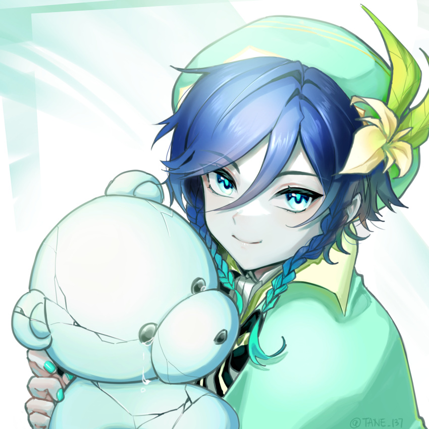 1boy absurdres aqua_hair beret blue_eyes blue_hair blue_nails braid cape collared_cape crying flower genshin_impact gradient_hair green_cape green_headwear hat hat_flower highres male_focus multicolored_hair short_hair_with_long_locks smile solo tane_(137) twin_braids venti_(genshin_impact) white_flower