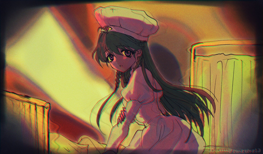 1girl abstract_background bed braid commentary_request green_hair hat highres infirmary juliet_sleeves long_hair long_sleeves looking_at_viewer nurse nurse_cap parody parted_lips puffy_sleeves sayonara_wo_oshiete side_braids sitting solo sugamo_mutsuki togawa_jun upper_body violet_eyes zonsters