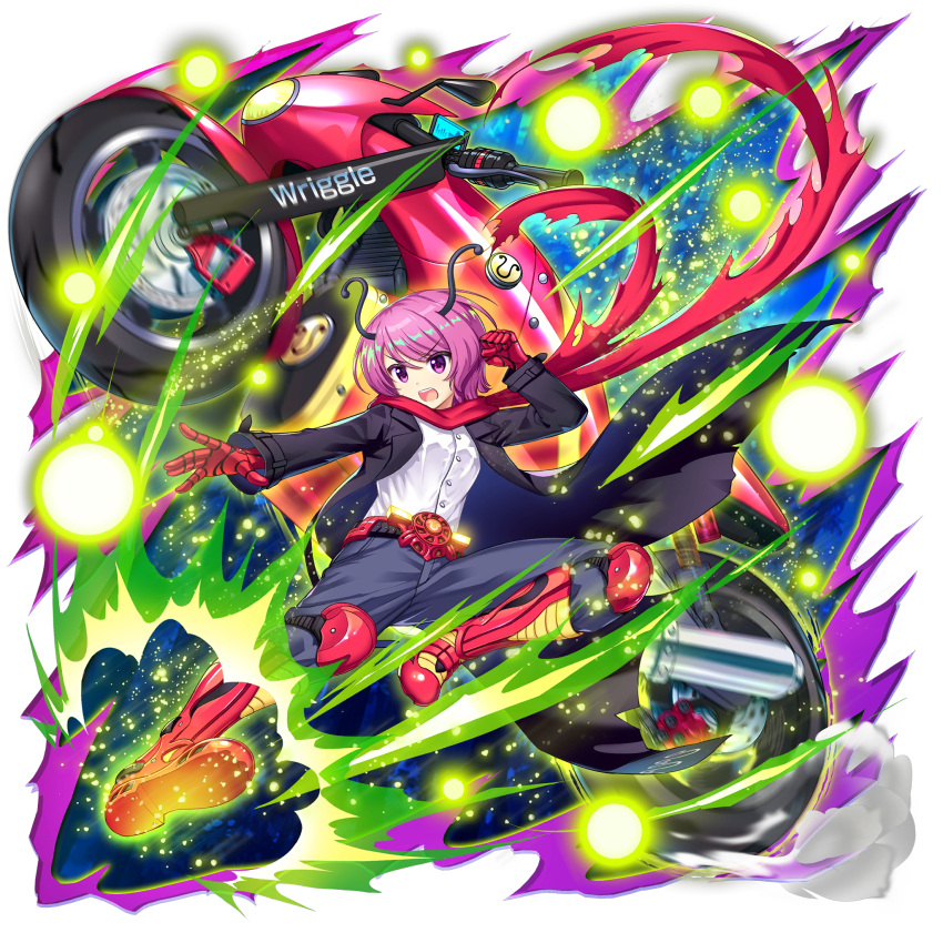 1girl alternate_eye_color alternate_hair_color antennae black_coat black_pants clenched_hand coat full_body highres long_sleeves motor_vehicle motorcycle non-web_source official_art open_clothes open_coat open_mouth pants pink_eyes pink_hair red_footwear rotte_(1109) shirt short_hair solo touhou touhou_lost_word transparent_background white_shirt wriggle_nightbug