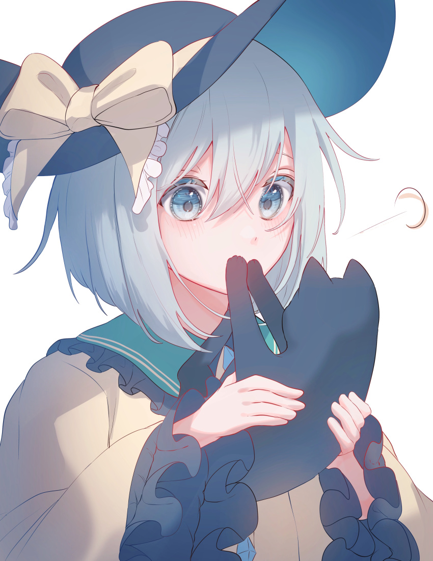 1girl =3 absurdres animal black_cat black_headwear blouse blush bow cat commentary covered_mouth covering_mouth frilled_shirt_collar frilled_sleeves frills green_eyes grey_hair hands_up hat hat_bow highres holding holding_animal holding_cat komeiji_koishi long_sleeves looking_at_animal shirt short_hair simple_background solo toku_kekakewanko touhou upper_body white_background wide_sleeves yellow_bow yellow_shirt