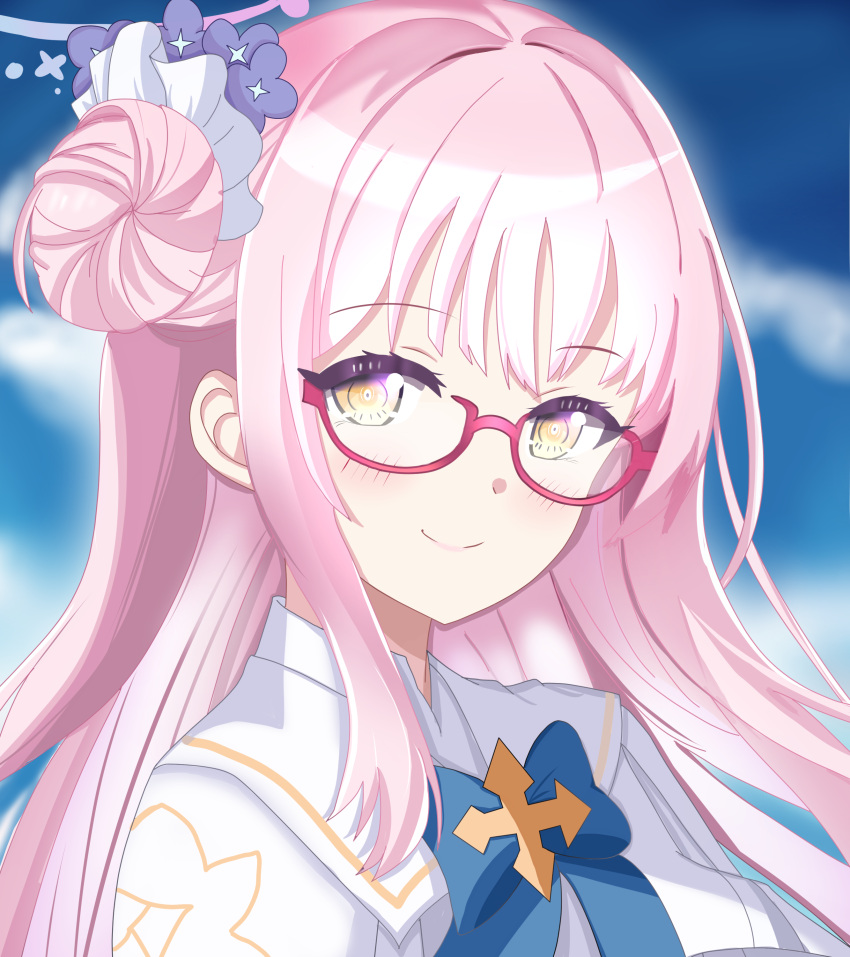 1girl absurdres bespectacled blue_archive blue_sky blunt_bangs bow capelet clouds cloudy_sky commentary_request flower glasses hair_bun hair_flower hair_ornament hair_scrunchie halo highres long_hair looking_at_viewer mika_(blue_archive) one_side_up pink_hair school_uniform scrunchie semi-rimless_eyewear sidelocks single_side_bun sky smile solo tamaki_(tamaki-sh) white_capelet yellow_eyes