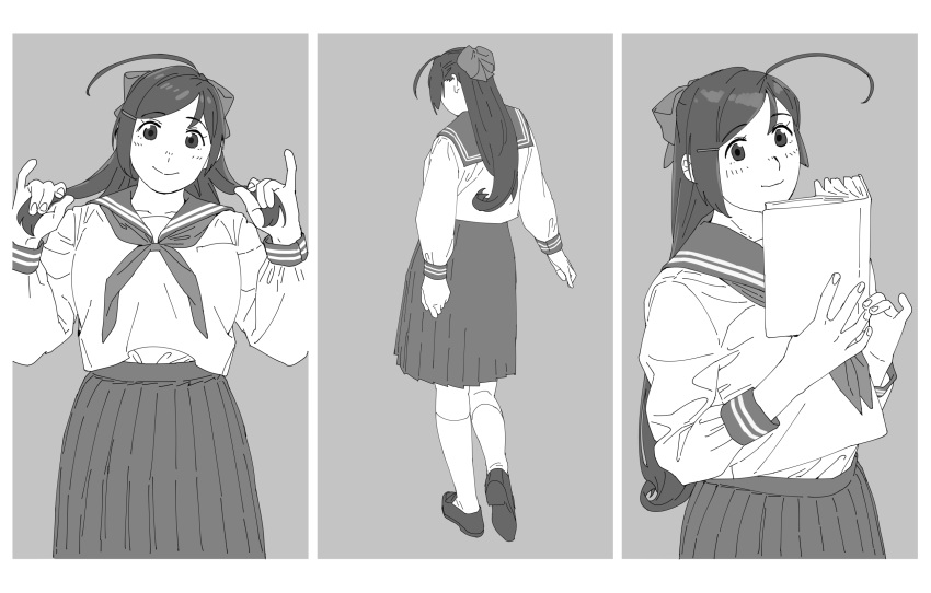 1girl ahoge book cowboy_shot from_behind full_body greyscale highres kantai_collection long_shirt looking_at_viewer mamiya_(kancolle) monochrome multiple_views neckerchief ojipon pleated_skirt sailor_collar school_uniform serafuku sitting skirt smile standing