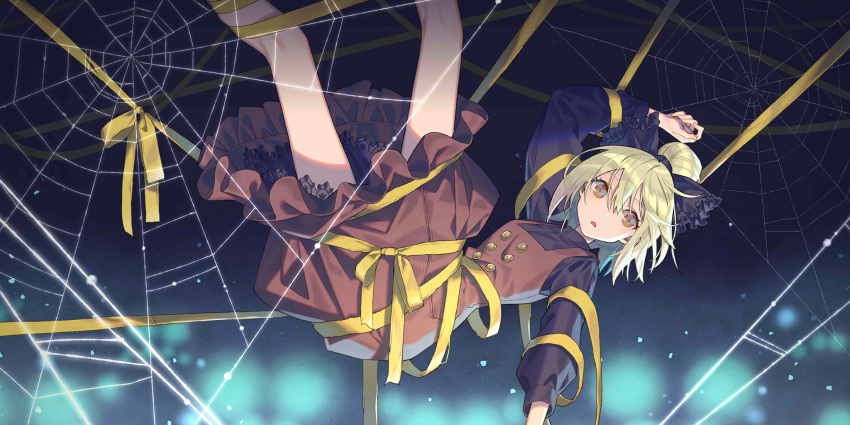 1girl arm_up black_bow black_shirt blonde_hair bow brown_dress brown_eyes buttons double-breasted dress entangled feet_out_of_frame hair_between_eyes hair_bow hair_bun hanging highres kurodani_yamame long_sleeves looking_at_viewer non-web_source official_art parted_lips ribbon second-party_source shirt short_hair silk single_hair_bun solo spider_web suspenders touhou touhou_lost_word yellow_ribbon zaza_(x-can01)