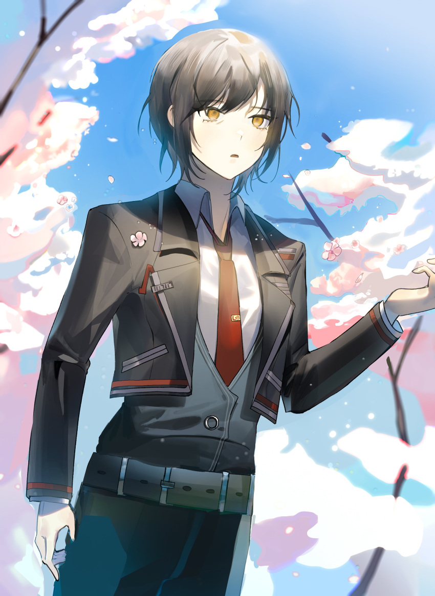 1girl absurdres alternate_skin_color black_jacket black_pants black_vest blue_sky brown_eyes brown_hair cherry_blossoms clouds cloudy_sky commission eggw0v0wegg highres jacket limbus_company long_sleeves necktie open_mouth outdoors outis_(limbus_company) pants petals project_moon red_necktie second-party_source short_hair sky solo tree vest