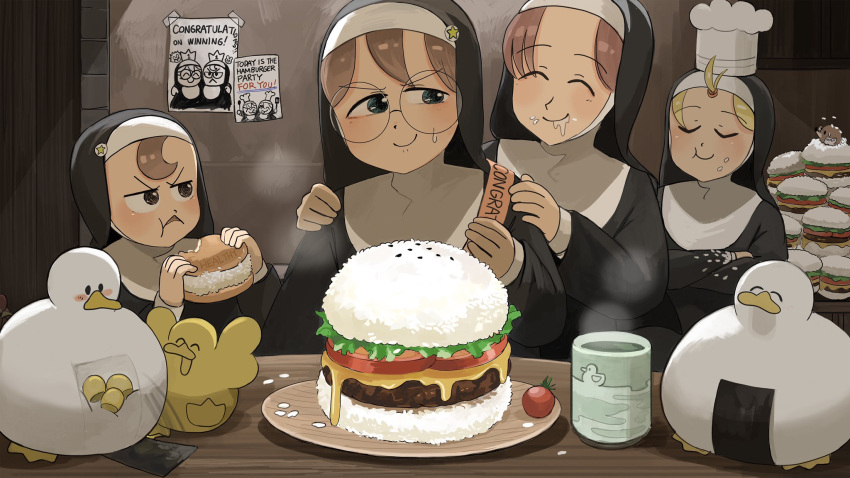 4girls ^_^ bird blonde_hair blue_eyes brown_eyes brown_hair burger catholic cheese chef_hat chicken closed_eyes clumsy_nun_(diva) corn diva_(hyxpk) drooling duck duckling eating english_commentary food froggy_nun_(diva) glasses glasses_nun_(diva) habit hat highres hungry_nun_(diva) little_nuns_(diva) mole mole_(animal) multiple_girls nervous_smile nori_(seaweed) nun poster_(object) rice round_eyewear smile tomato topknot traditional_nun