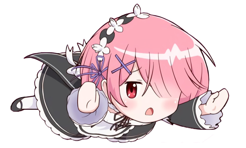 1girl blush chibi d: detached_sleeves eternal_oath falling furrowed_brow hair_ornament hair_over_one_eye looking_at_viewer maid maid_headdress open_mouth pink_hair pink_ribbon purple_ribbon ram_(re:zero) re:zero_kara_hajimeru_isekai_seikatsu red_eyes ribbon ribbon-trimmed_clothes ribbon_trim roswaal_mansion_maid_uniform short_hair simple_background solo transparent_background x_hair_ornament