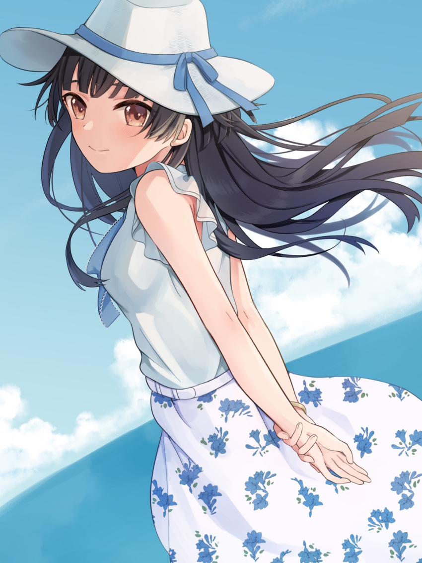 1girl arms_behind_back bare_shoulders belt black_hair blue_ribbon blue_shirt blunt_bangs blush bracelet breasts brown_eyes closed_mouth clouds cloudy_sky day dot_nose floral_print from_side hat highres holding_own_arm idolmaster idolmaster_shiny_colors jewelry loan_danamo long_hair looking_at_viewer mayuzumi_fuyuko medium_breasts ocean ribbon shirt skirt sky solo straw_hat two_side_up white_belt white_skirt