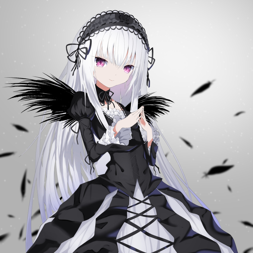 1girl black_collar black_dress black_flower black_hairband black_ribbon black_rose black_wings blunt_bangs breasts closed_mouth collar commentary_request cowboy_shot cross-laced_clothes cross-laced_dress cross_print detached_collar dress feathered_wings feathers flower frilled_dress frilled_hairband frills gothic_lolita grey_background hair_ribbon hairband highres juliet_sleeves layered_dress lolita_fashion lolita_hairband long_hair long_sleeves looking_at_viewer neck_ribbon pink_eyes puffy_sleeves red_eyes ribbon rose rozen_maiden sanui510 small_breasts smile solo steepled_fingers suigintou very_long_hair white_dress white_hair wings