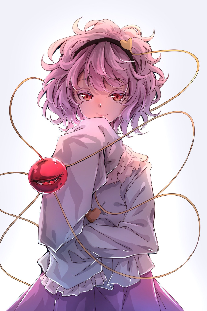1girl black_hairband blouse blue_shirt closed_mouth commentary darjeeling_(reley) frilled_shirt_collar frilled_sleeves frills hair_ornament hairband hand_up heart heart_hair_ornament highres komeiji_satori lips long_sleeves looking_at_viewer messy_hair one-hour_drawing_challenge pink_hair pink_skirt red_eyes shirt short_hair simple_background skirt sleeves_past_fingers sleeves_past_wrists smile solo third_eye touhou upper_body white_background wide_sleeves