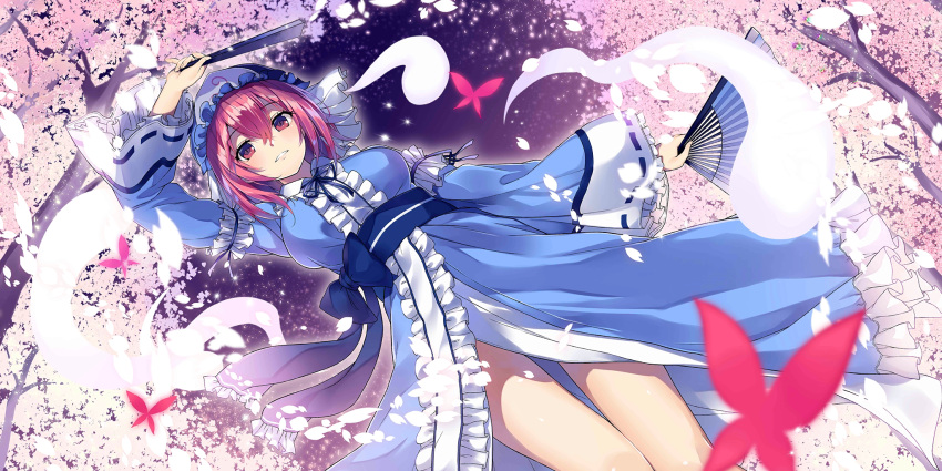 1girl arm_up black_ribbon blue_bow blue_headwear blue_kimono blush bow bug butterfly cherry_blossoms dutch_angle falling_petals feet_out_of_frame folded_fan folding_fan frilled_kimono frills ghost hair_between_eyes hand_fan hat highres holding holding_fan japanese_clothes kimono kurebayashi_noe long_sleeves mob_cap neck_ribbon non-web_source obi official_art parted_lips petals pink_eyes pink_hair ribbon sash second-party_source short_hair sleeve_garter solo touhou touhou_lost_word tree triangular_headpiece waist_bow wide_sleeves