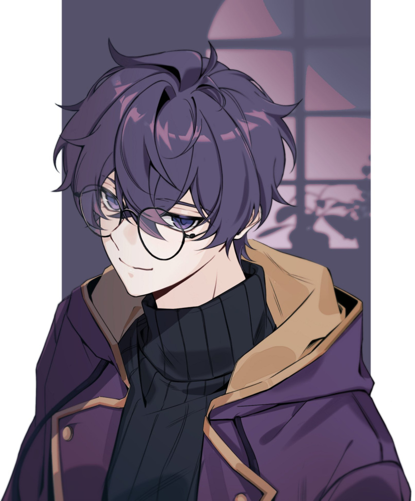 1boy black-framed_eyewear highres indie_virtual_youtuber jacket looking_at_viewer male_focus mays20621 purple_hair purple_jacket round_eyewear short_hair shoto_(vtuber) sweater turtleneck turtleneck_sweater violet_eyes virtual_youtuber