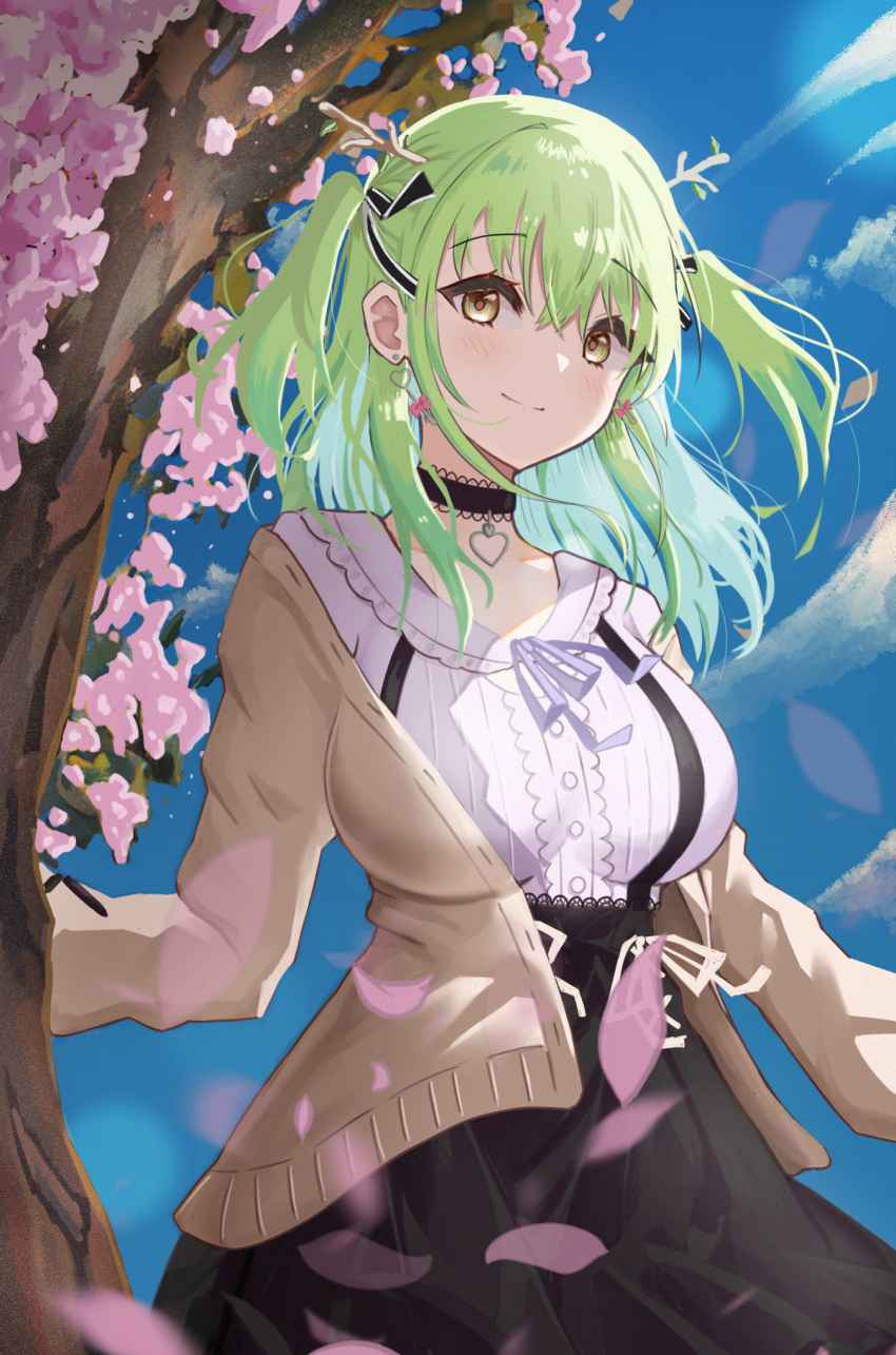 1girl antlers black_choker black_skirt blue_sky breasts brown_jacket ceres_fauna cherry_blossoms choker clouds collar commentary flower green_hair hair_ornament highres hololive hololive_english jacket jewelry large_breasts long_hair necklace nyu-tan94 outdoors petals shirt skirt sky smile solo suspenders tree virtual_youtuber white_shirt yellow_eyes