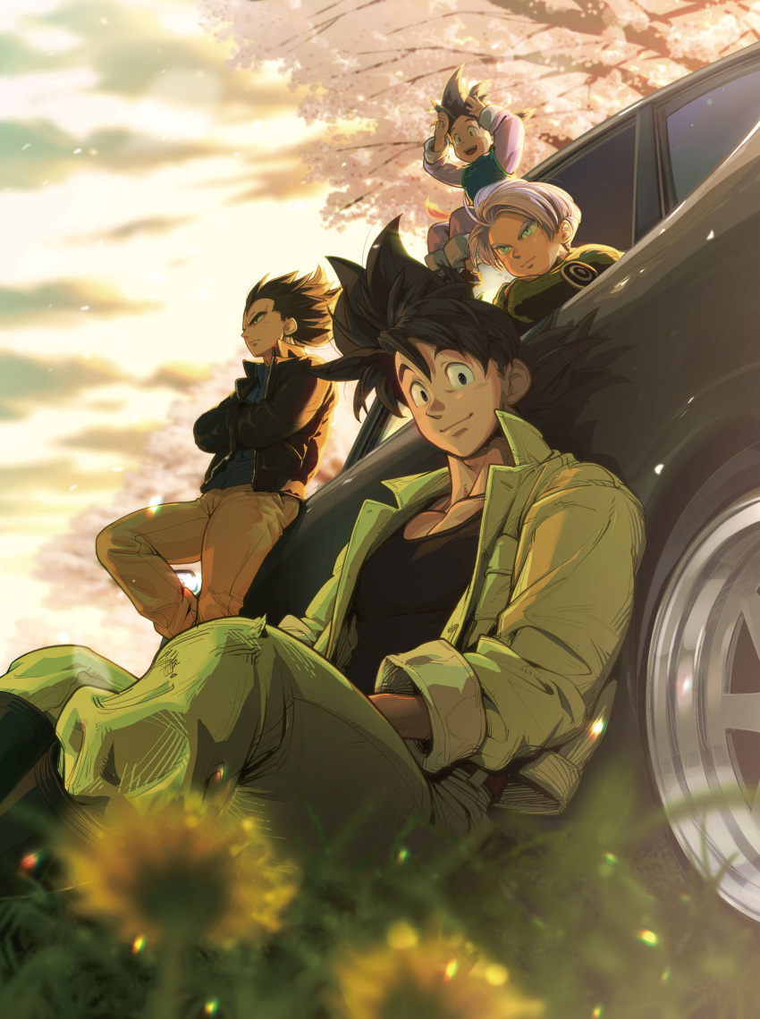 4boys absurdres black_hair black_jacket blue_eyes cherry_blossoms closed_mouth collarbone crossed_arms dragon_ball dragon_ball_super highres jacket long_sleeves looking_ahead male_child motor_vehicle multiple_boys muscular muscular_male on_ground open_clothes open_jacket parted_bangs pectoral_cleavage pectorals pink_hair short_hair sitting smile son_goku son_goten spiky_hair supobi teeth tree trunks_(dragon_ball) trunks_(future)_(dragon_ball) upper_teeth_only vegeta wind